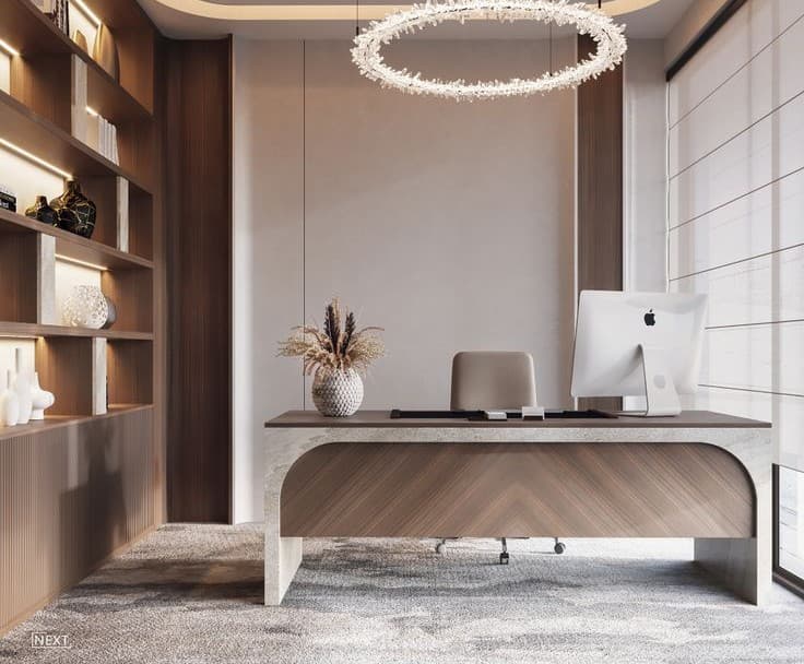 Modern office interior with desks, chairs and coordinated furniture